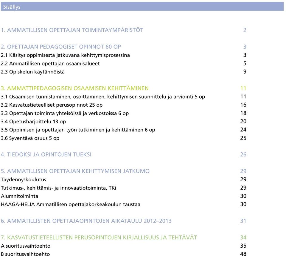 2 Kasvatustieteelliset perusopinnot 25 op 16 3.3 Opettajan toiminta yhteisöissä ja verkostoissa 6 op 18 3.4 Opetusharjoittelu 13 op 20 3.