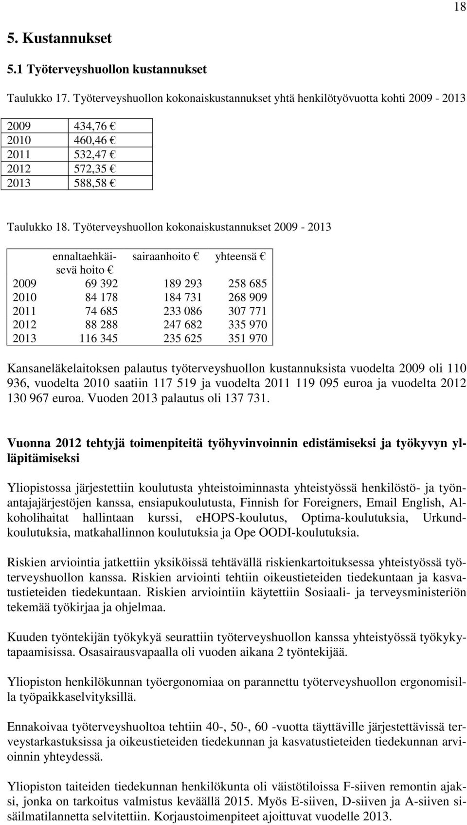 Työterveyshuollon kokonaiskustannukset 2009-2013 ennaltaehkäisevä sairaanhoito yhteensä hoito 2009 69 392 189 293 258 685 2010 84 178 184 731 268 909 2011 74 685 233 086 307 771 2012 88 288 247 682