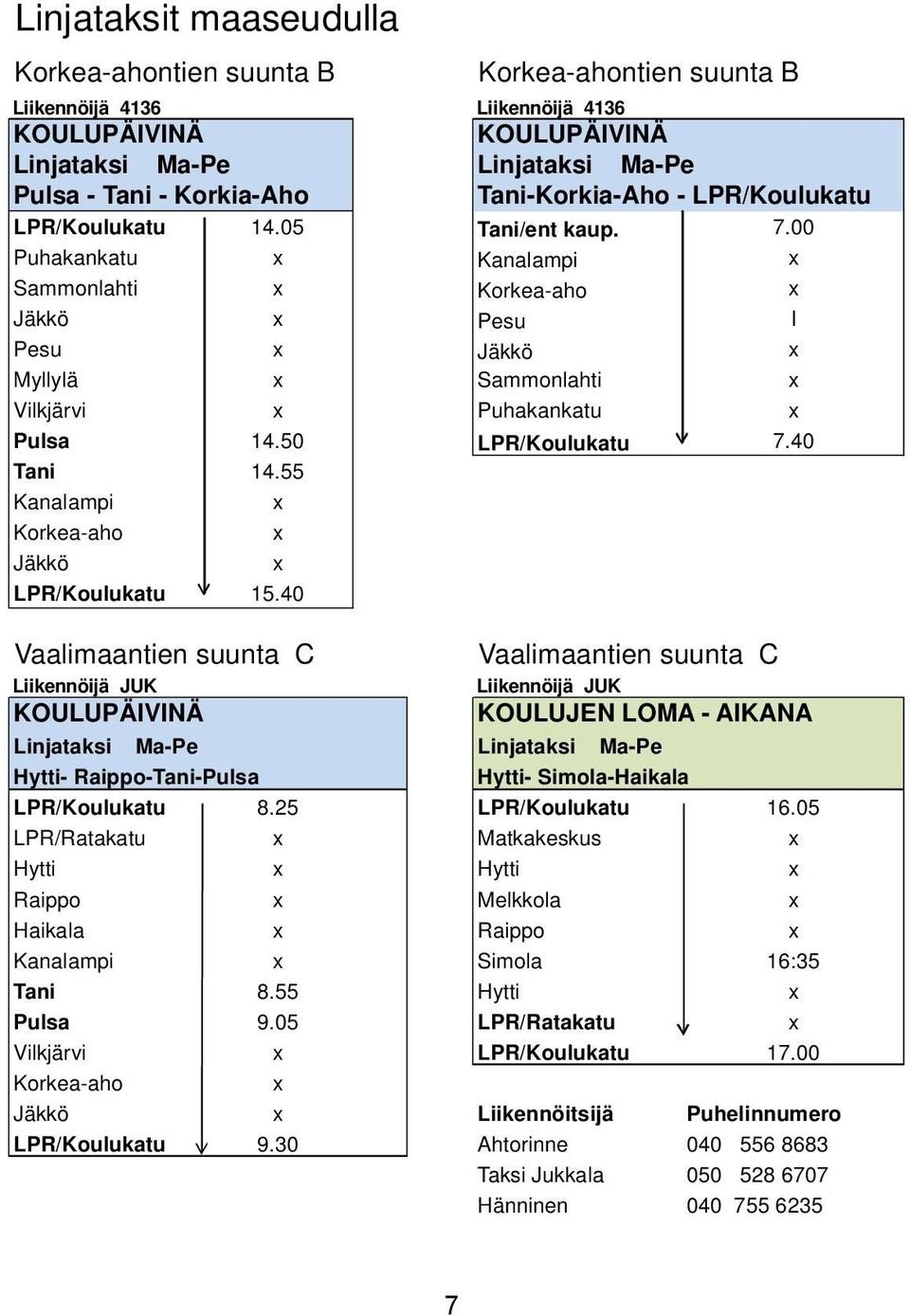 00 Puhakankatu x Kanalampi x Sammonlahti x Korkea-aho x Jäkkö x Pesu I Pesu x Jäkkö x Myllylä x Sammonlahti x Vilkjärvi x Puhakankatu x Pulsa 14.50 LPR/Koulukatu 7.40 Tani 14.