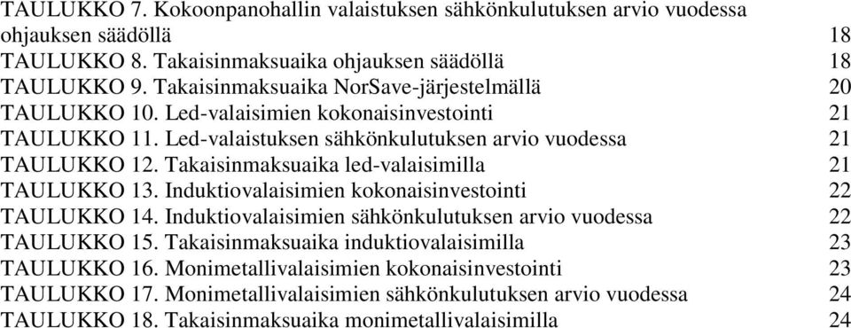 Takaisinmaksuaika led-valaisimilla 21 TAULUKKO 13. Induktiovalaisimien kokonaisinvestointi 22 TAULUKKO 14. Induktiovalaisimien sähkönkulutuksen arvio vuodessa 22 TAULUKKO 15.