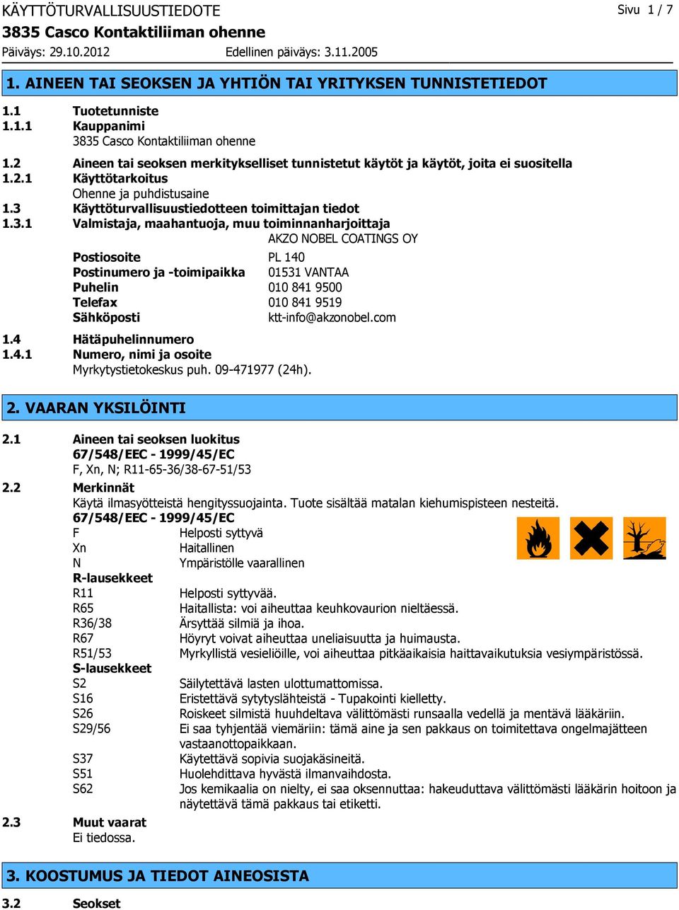 Käyttöturvallisuustiedotteen toimittajan tiedot 1.3.