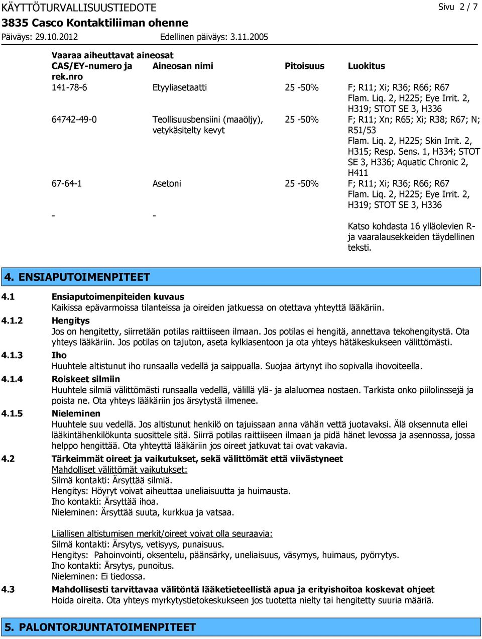 Sens. 1, H334; STOT SE 3, H336; Aquatic Chronic 2, H411 67-64-1 Asetoni 25-50% F; R11; Xi; R36; R66; R67 Flam. Liq. 2, H225; Eye Irrit.