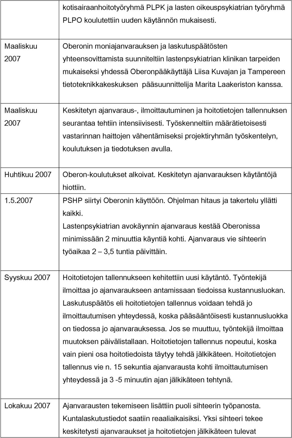 tietoteknikkakeskuksen pääsuunnittelija Marita Laakeriston kanssa. Maaliskuu 2007 Keskitetyn ajanvaraus-, ilmoittautuminen ja hoitotietojen tallennuksen seurantaa tehtiin intensiivisesti.
