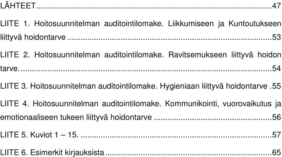 Hoitosuunnitelman auditointilomake. Hygieniaan liittyvä hoidontarve. 55 LIITE 4. Hoitosuunnitelman auditointilomake.