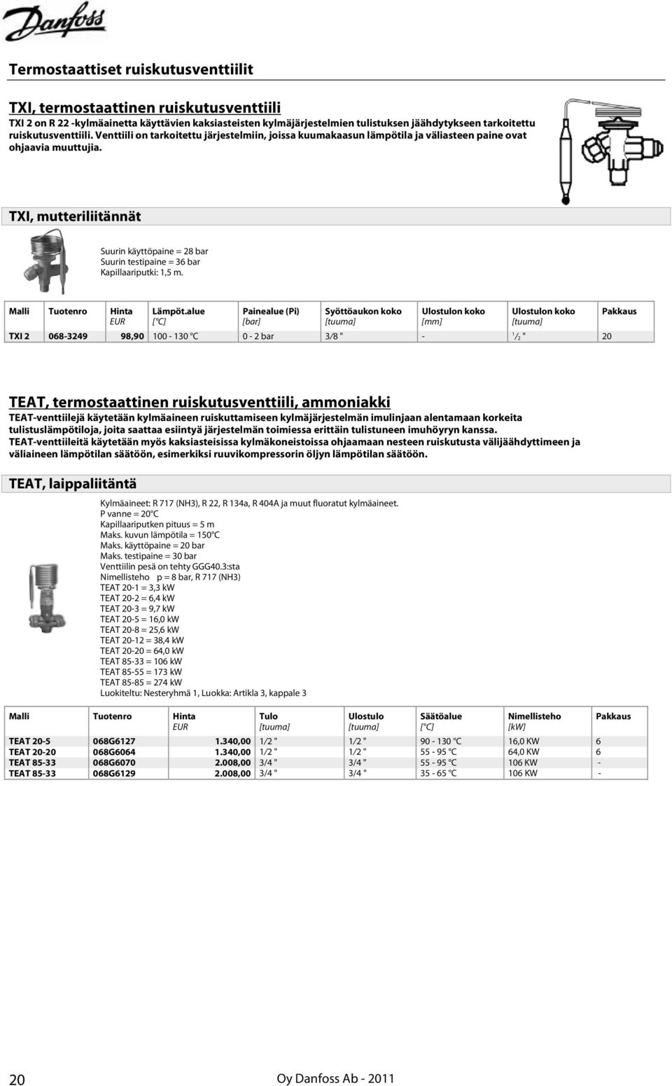 TXI, mutteriliitännät Suurin käyttöpaine = 28 bar Suurin testipaine = 36 bar Kapillaariputki: 1,5 m. Malli Tuotenro Hinta Lämpöt.