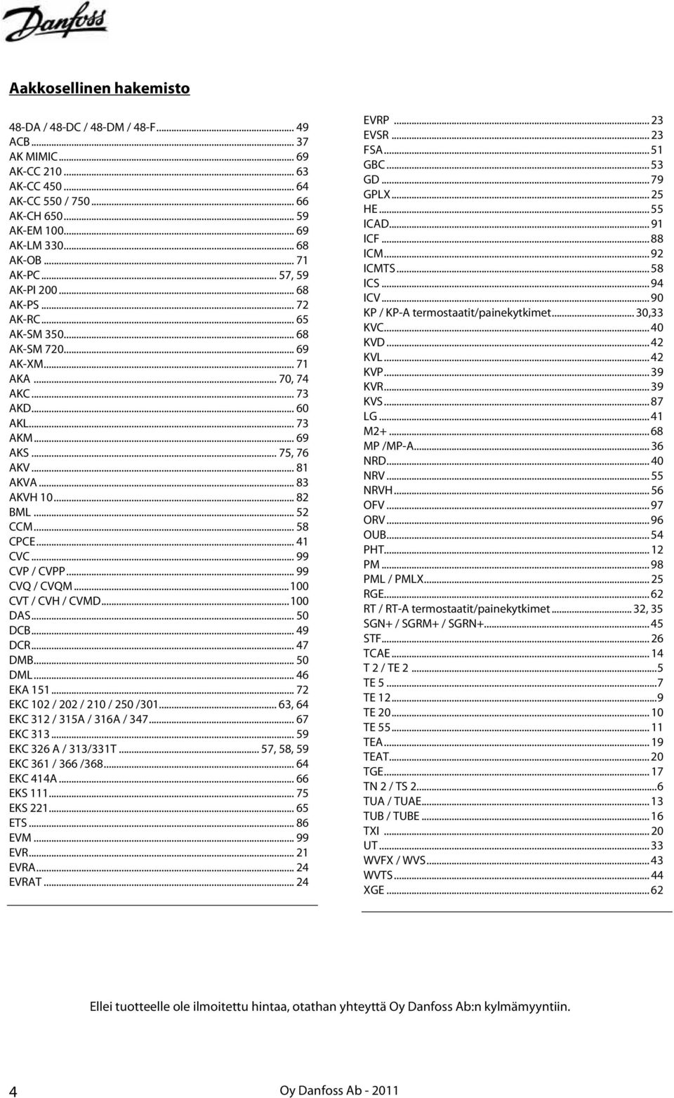 .. 83 AKVH 10... 82 BML... 52 CCM... 58 CPCE... 41 CVC... 99 CVP / CVPP... 99 CVQ / CVQM...100 CVT / CVH / CVMD...100 DAS... 50 DCB... 49 DCR... 47 DMB... 50 DML... 46 EKA 151.