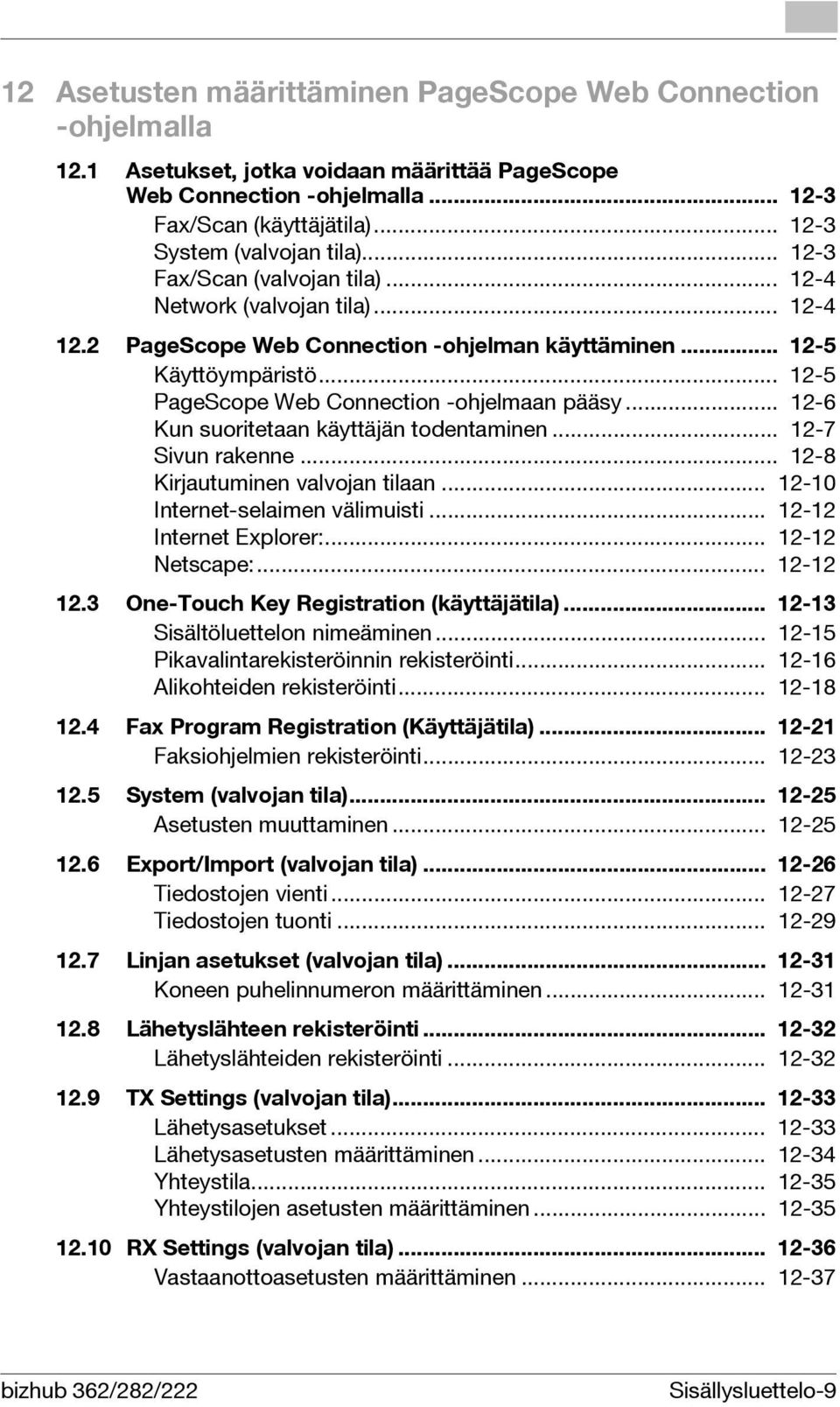 .. 12-5 PageScope Web Connection -ohjelmaan pääsy... 12-6 Kun suoritetaan käyttäjän todentaminen... 12-7 Sivun rakenne... 12-8 Kirjautuminen valvojan tilaan... 12-10 Internet-selaimen välimuisti.