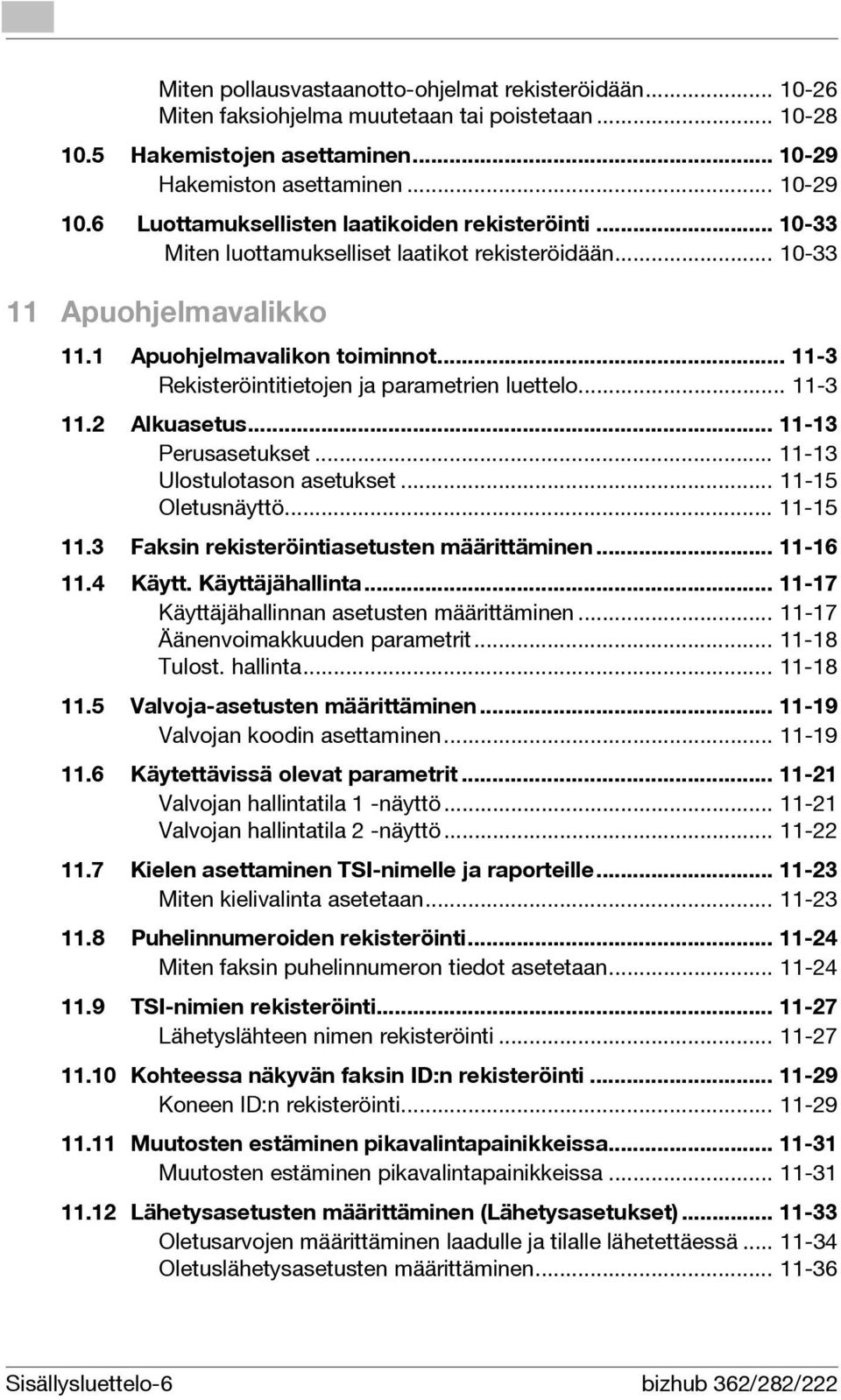 .. 11-3 Rekisteröintitietojen ja parametrien luettelo... 11-3 11.2 Alkuasetus... 11-13 Perusasetukset... 11-13 Ulostulotason asetukset... 11-15 Oletusnäyttö... 11-15 11.