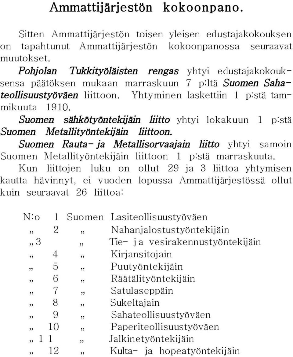 Suomen sähkötyöntekijäin liitto yhtyi lokakuun 1 p:stä Suomen Metallityöntekijäin liittoon.