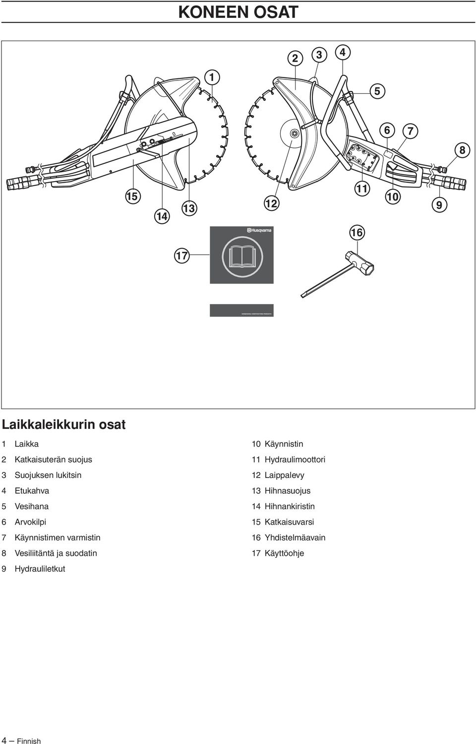 ja suodatin 9 Hydrauliletkut 10 Käynnistin 11 Hydraulimoottori 12 Laippalevy 13