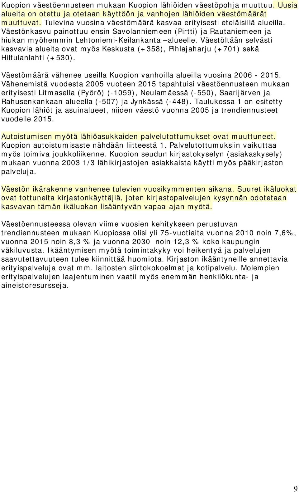 Väestöltään selvästi kasvavia alueita ovat myös Keskusta (+358), Pihlajaharju (+701) sekä Hiltulanlahti (+530). Väestömäärä vähenee useilla Kuopion vanhoilla alueilla vuosina 2006-2015.