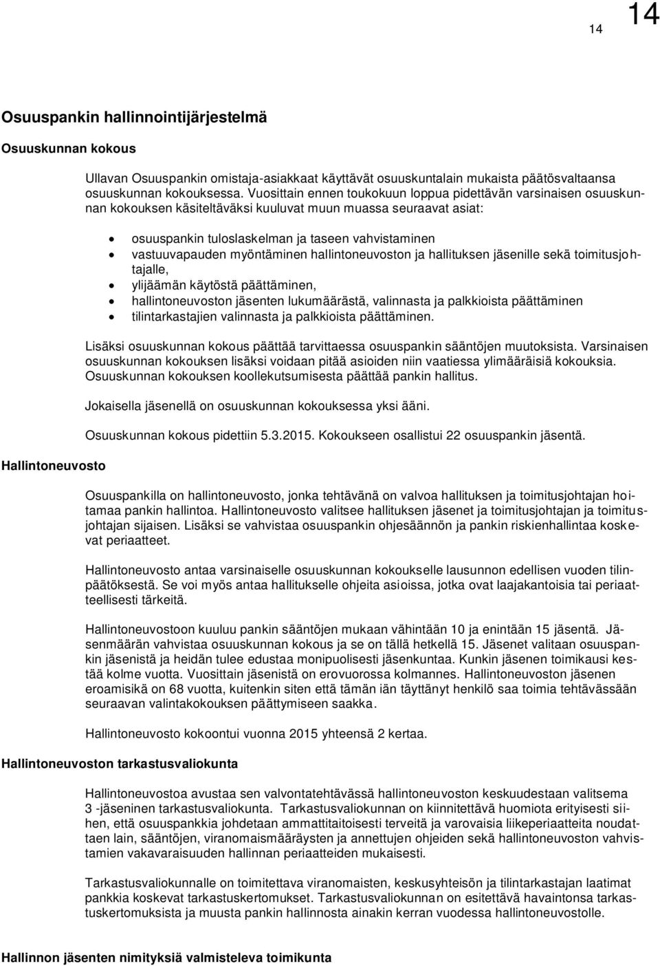 myöntäminen hallintoneuvoston ja hallituksen jäsenille sekä toimitusjohtajalle, ylijäämän käytöstä päättäminen, hallintoneuvoston jäsenten lukumäärästä, valinnasta ja palkkioista päättäminen