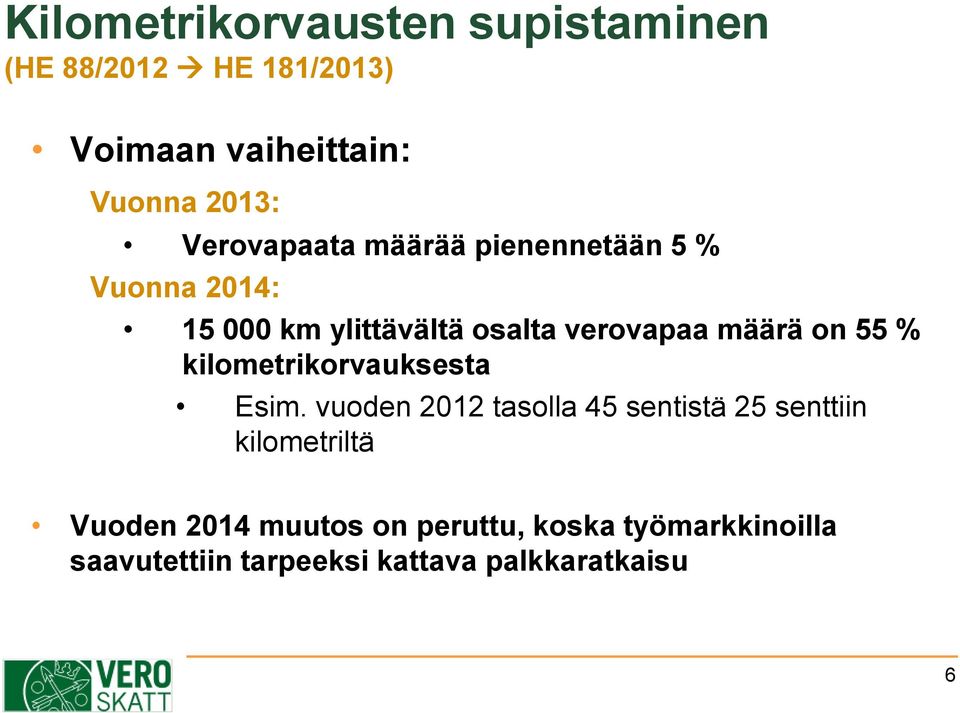on 55 % kilometrikorvauksesta Esim.