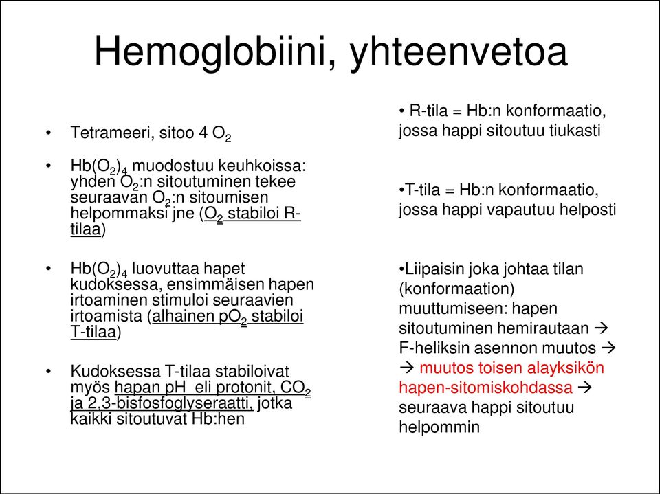 CO 2 ja 2,3-bisfosfoglyseraatti, jotka kaikki sitoutuvat Hb:hen R-tila = Hb:n konformaatio, jossa happi sitoutuu tiukasti T-tila = Hb:n konformaatio, jossa happi vapautuu helposti