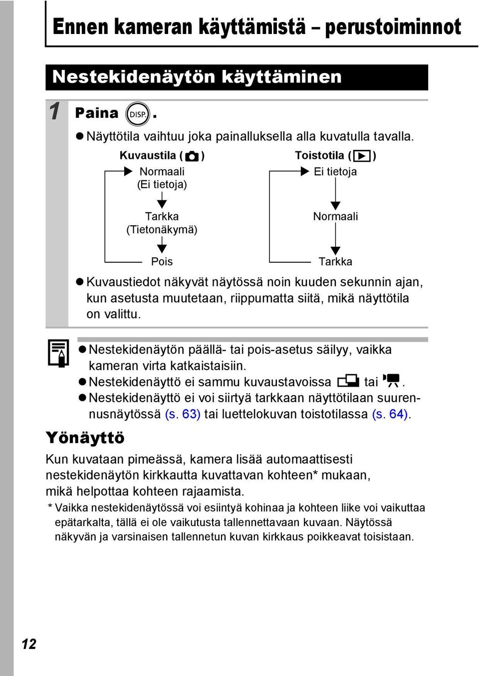 siitä, mikä näyttötila on valittu. Nestekidenäytön päällä- tai pois-asetus säilyy, vaikka kameran virta katkaistaisiin. Nestekidenäyttö ei sammu kuvaustavoissa tai.