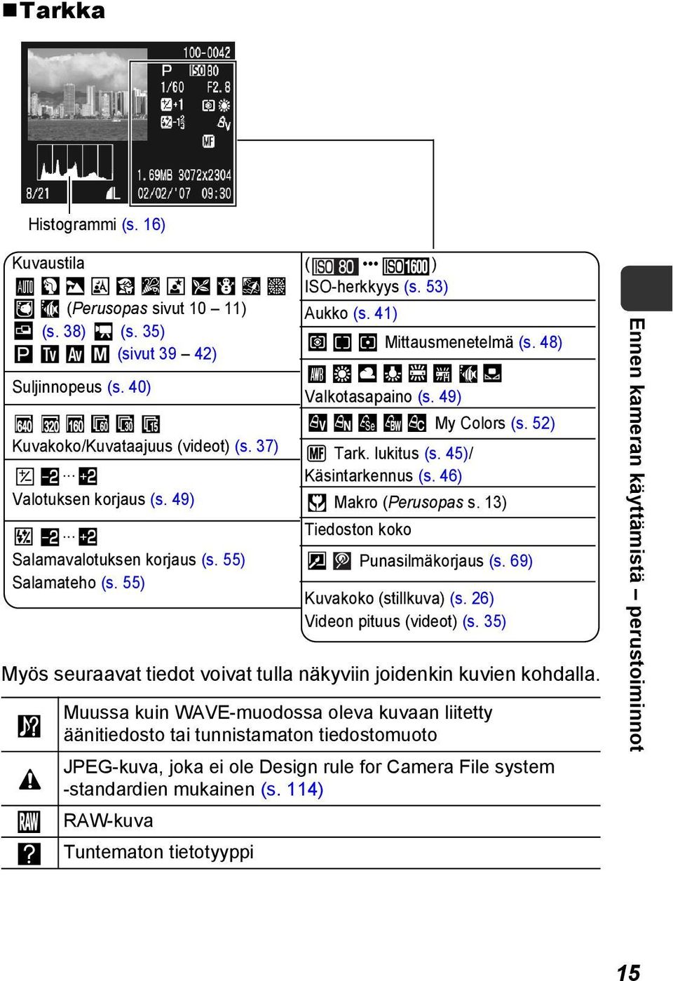 46) My Colors (s. 52) Makro (Perusopas s. 13) Tiedoston koko Punasilmäkorjaus (s. 69) Kuvakoko (stillkuva) (s. 26) Videon pituus (videot) (s.