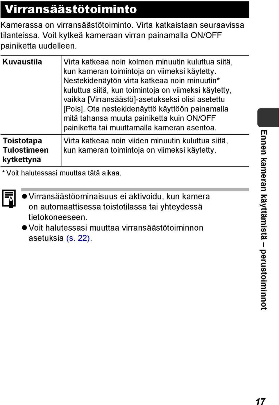 Nestekidenäytön virta katkeaa noin minuutin* kuluttua siitä, kun toimintoja on viimeksi käytetty, vaikka [Virransäästö]-asetukseksi olisi asetettu [Pois].