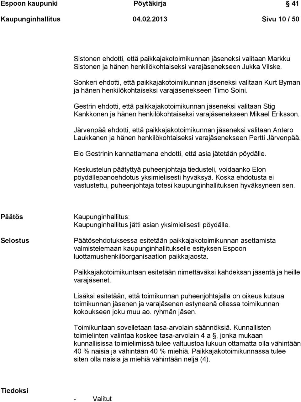 Sonkeri ehdotti, että paikkajakotoimikunnan jäseneksi valitaan Kurt Byman ja hänen henkilökohtaiseksi varajäsenekseen Timo Soini.