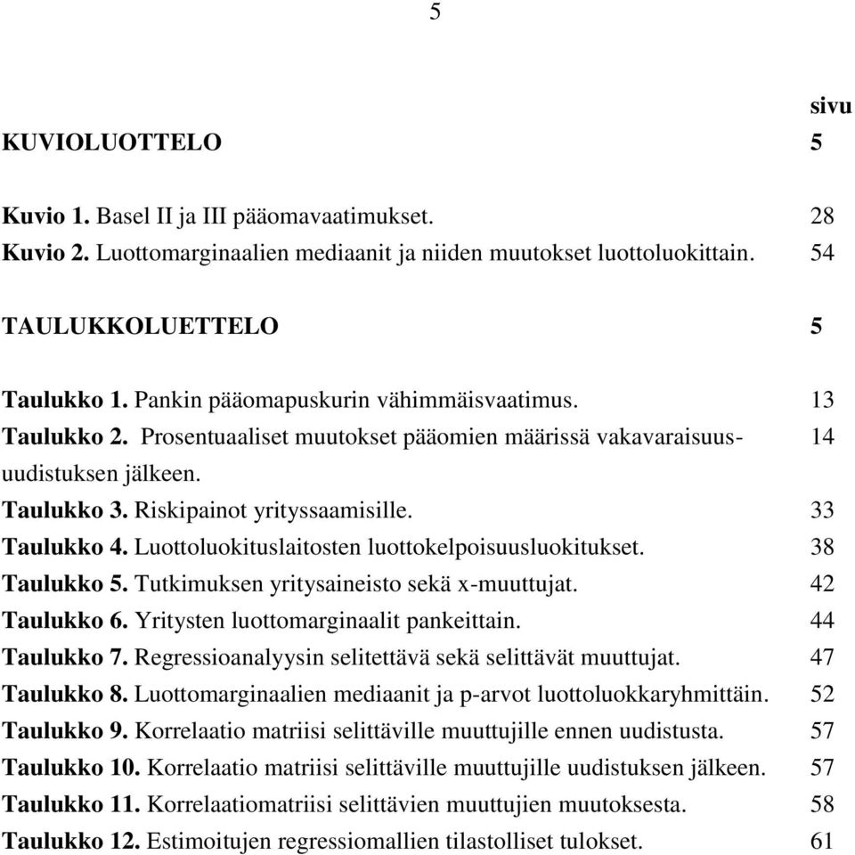 Luottoluokituslaitosten luottokelpoisuusluokitukset. 38 Taulukko 5. Tutkimuksen yritysaineisto sekä x-muuttujat. 42 Taulukko 6. Yritysten luottomarginaalit pankeittain. 44 Taulukko 7.