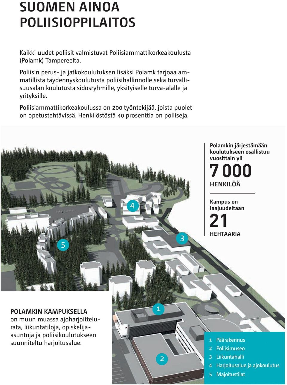 turva-alalle ja yrityksille. Poliisiammattikorkeakoulussa on 200 työntekijää, joista puolet on opetustehtävissä. Henkilöstöstä 40 prosenttia on poliiseja.