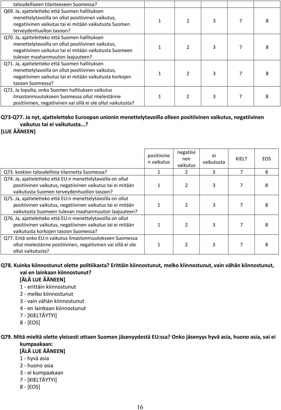 J, jtteletteko ett Suomen hllituksen menettelytvoill on ollut positiivinen vikutus, negtiivinen vikutus ti ei mitn vikutust korkojen tsoon Suomess? Q72.