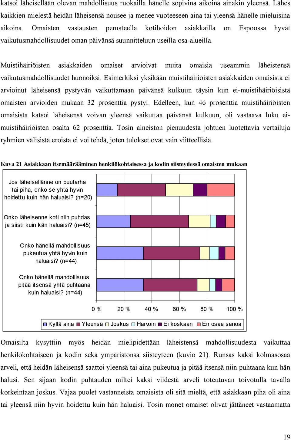 Omaisten vastausten perusteella kotihoidon asiakkailla on Espoossa hyvät vaikutusmahdollisuudet oman päivänsä suunnitteluun useilla osa-alueilla.