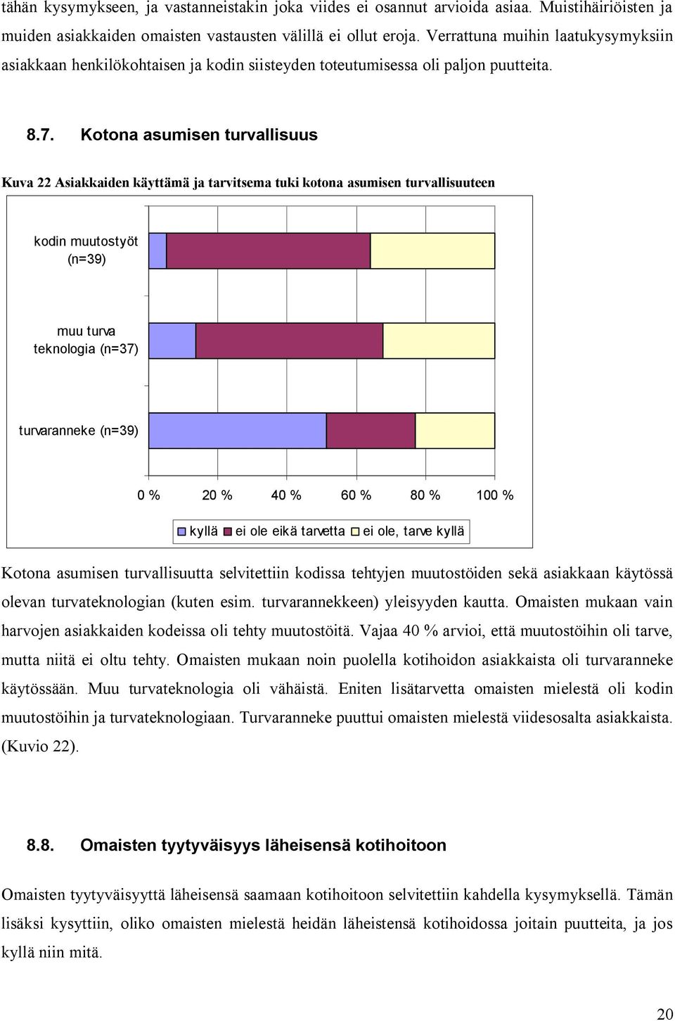 Kotona asumisen turvallisuus Kuva 22 Asiakkaiden käyttämä ja tarvitsema tuki kotona asumisen turvallisuuteen kodin muutostyöt (n=39) muu turva teknologia (n=37) turvaranneke (n=39) kyllä ei ole eikä