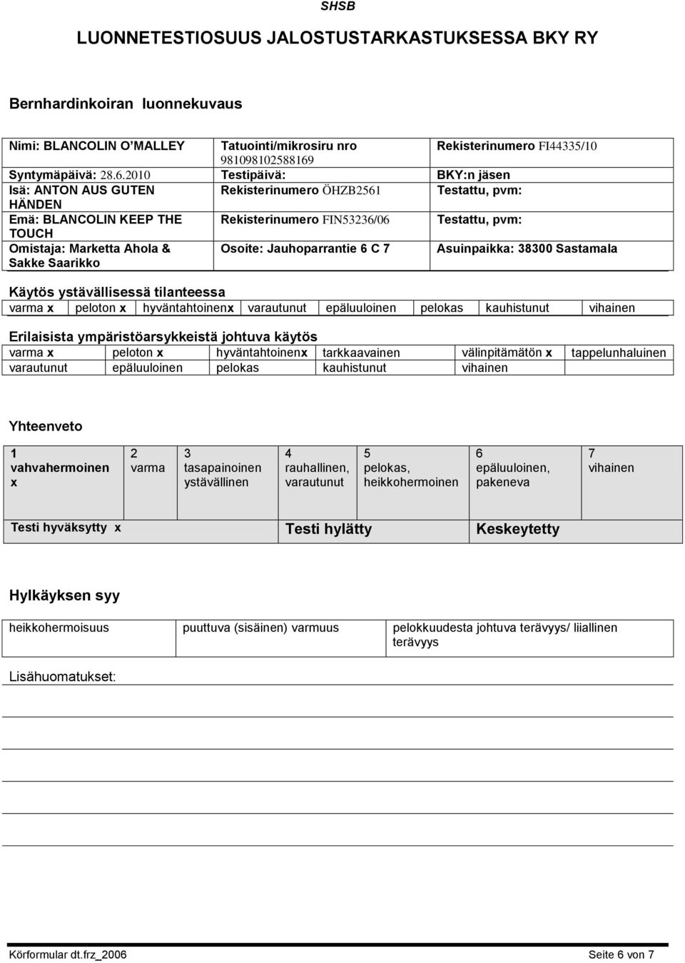 2010 Testipäivä: BKY:n jäsen Isä: ANTON AUS GUTEN Rekisterinumero ÖHZB2561 Testattu, pvm: HÄNDEN Emä: BLANCOLIN KEEP THE Rekisterinumero FIN53236/06 Testattu, pvm: TOUCH Omistaja: Marketta Ahola &