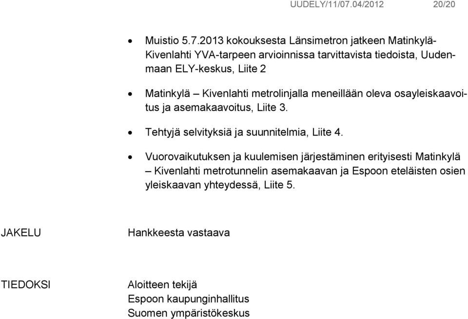 2013 kokouksesta Länsimetron jatkeen Matinkylä- Kivenlahti YVA-tarpeen arvioinnissa tarvittavista tiedoista, Uudenmaan ELY-keskus, Liite 2