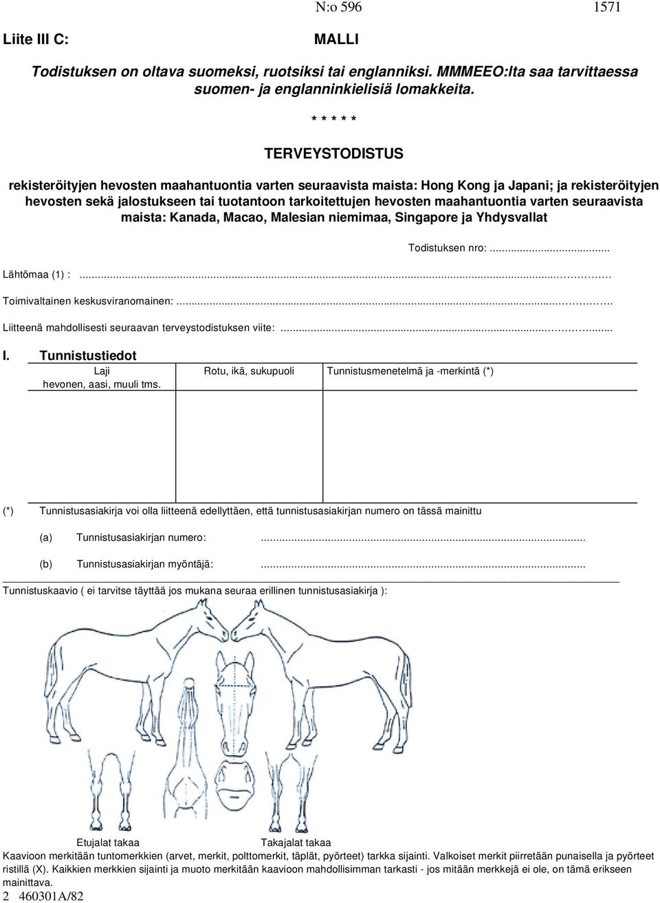 maahantuontia varten seuraavista maista: Kanada, Macao, Malesian niemimaa, Singapore ja Yhdysvallat Todistuksen nro:... Lähtömaa (1) :.... Toimivaltainen keskusviranomainen:.