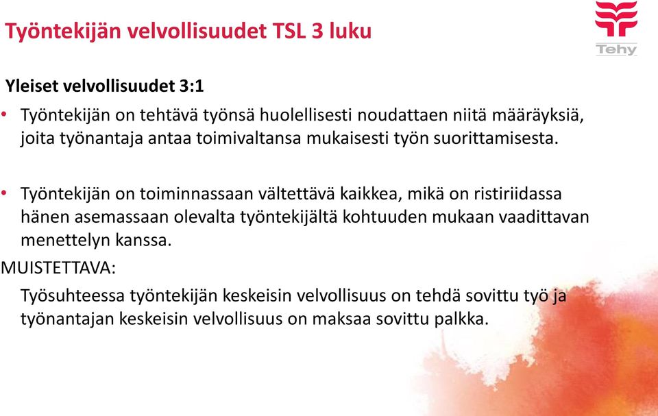 Työntekijän on toiminnassaan vältettävä kaikkea, mikä on ristiriidassa hänen asemassaan olevalta työntekijältä kohtuuden mukaan