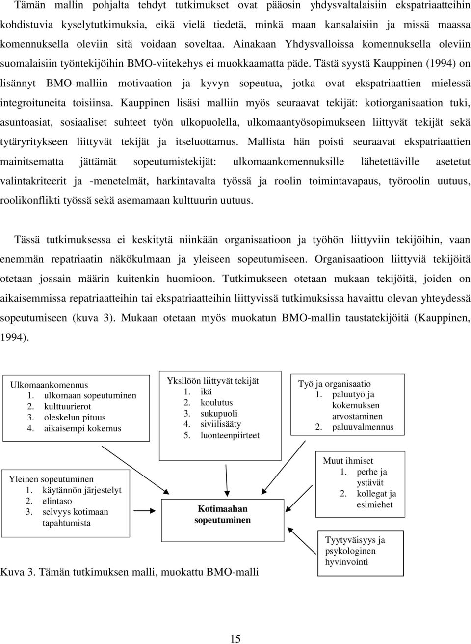 Tästä syystä Kauppinen (1994) on lisännyt BMO-malliin motivaation ja kyvyn sopeutua, jotka ovat ekspatriaattien mielessä integroituneita toisiinsa.