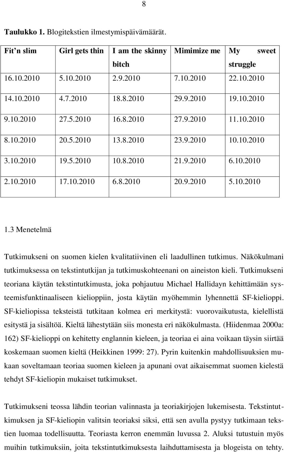 10.2010 1.3 Menetelmä Tutkimukseni on suomen kielen kvalitatiivinen eli laadullinen tutkimus. Näkökulmani tutkimuksessa on tekstintutkijan ja tutkimuskohteenani on aineiston kieli.