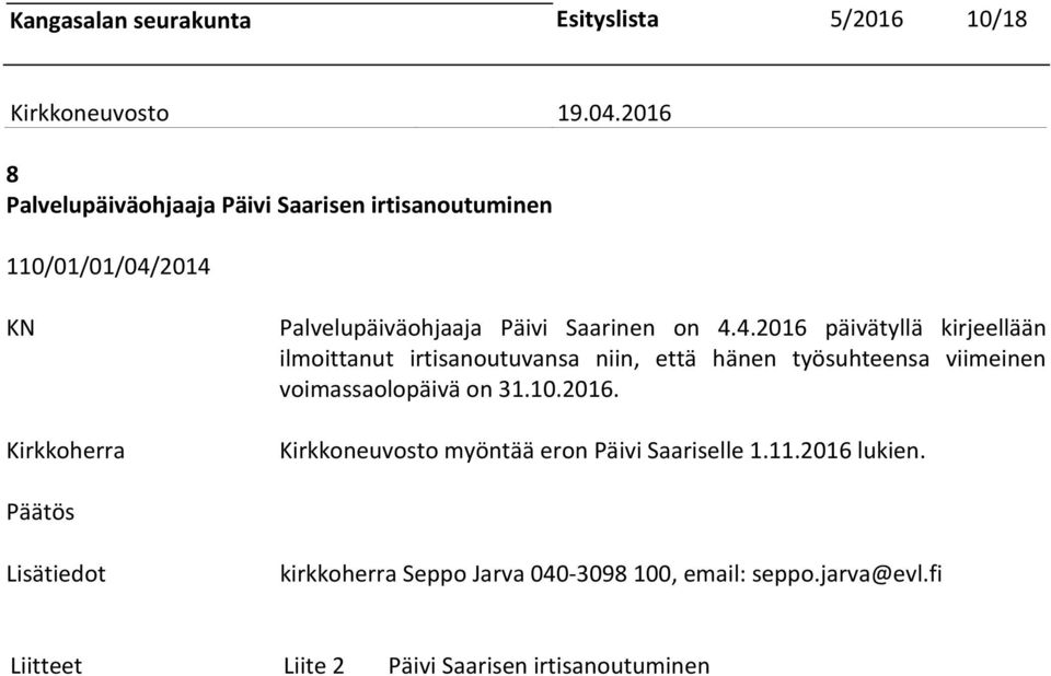 4.2016 päivätyllä kirjeellään ilmoittanut irtisanoutuvansa niin, että hänen työsuhteensa viimeinen voimassaolopäivä on 31.