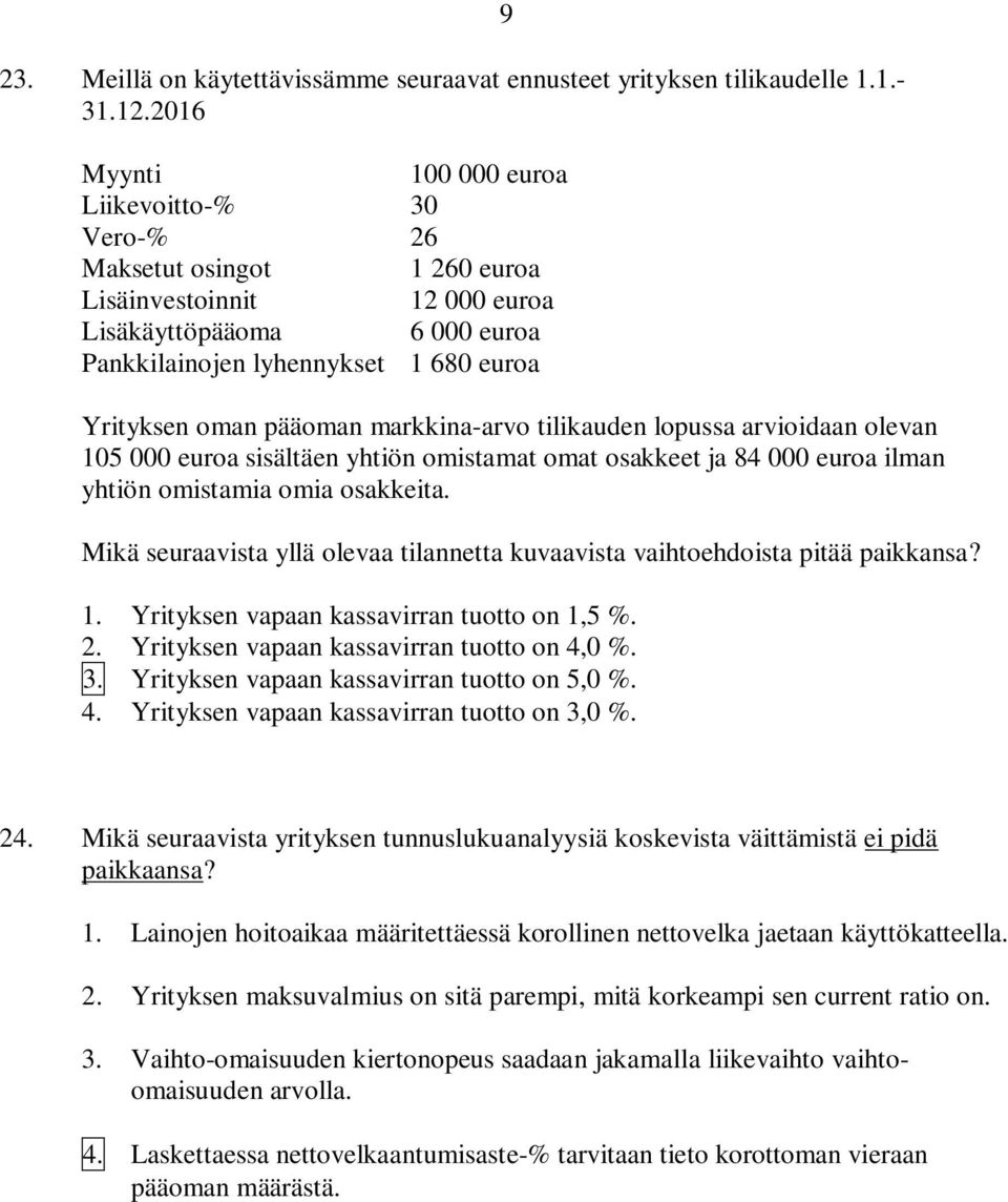 pääoman markkina-arvo tilikauden lopussa arvioidaan olevan 105 000 euroa sisältäen yhtiön omistamat omat osakkeet ja 84 000 euroa ilman yhtiön omistamia omia osakkeita.