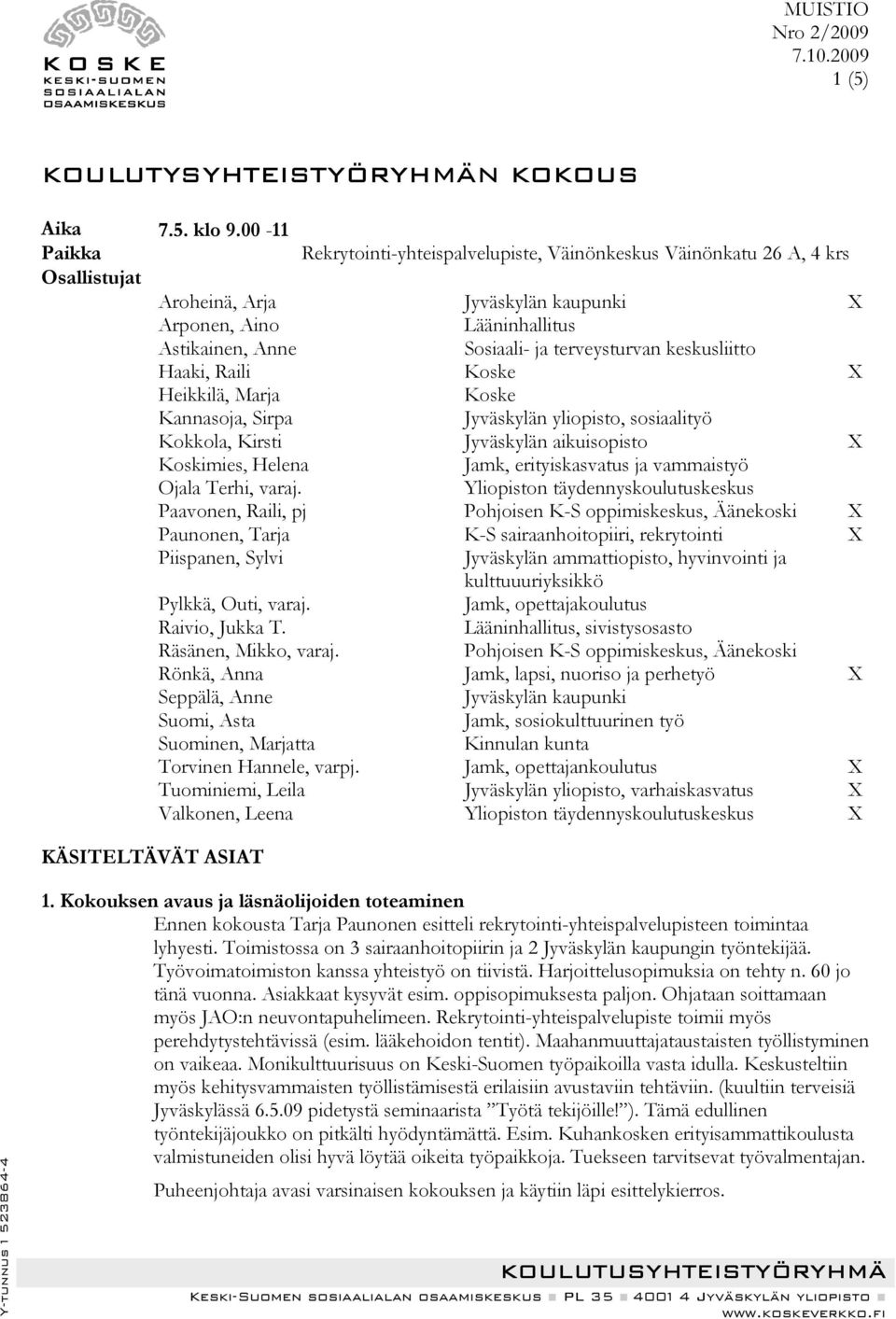 terveysturvan keskusliitto Haaki, Raili Koske X Heikkilä, Marja Koske Kannasoja, Sirpa Jyväskylän yliopisto, sosiaalityö Kokkola, Kirsti Jyväskylän aikuisopisto X Koskimies, Helena Jamk,