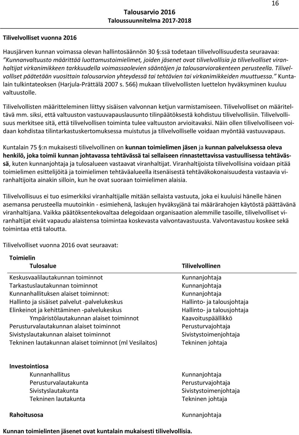 Tilivelvolliset päätetään vuosittain talousarvion yhteydessä tai tehtävien tai virkanimikkeiden muuttuessa. Kuntalain tulkintateoksen (Harjula Prättälä 2007 s.