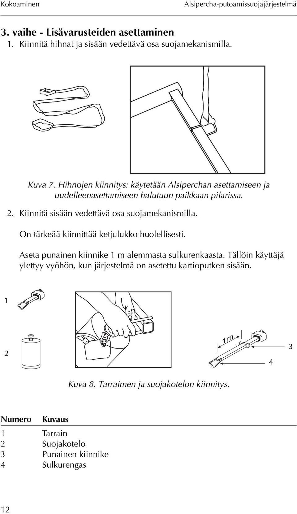 Kiinnitä sisään vedettävä osa suojamekanismilla. On tärkeää kiinnittää ketjulukko huolellisesti.