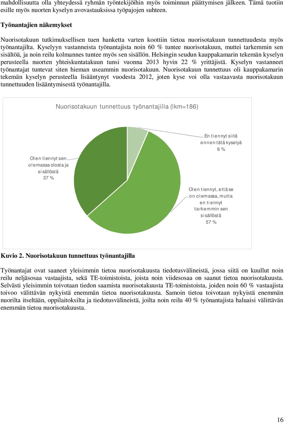 Kyselyyn vastanneista työnantajista noin 60 % tuntee nuorisotakuun, muttei tarkemmin sen sisältöä, ja noin reilu kolmannes tuntee myös sen sisällön.