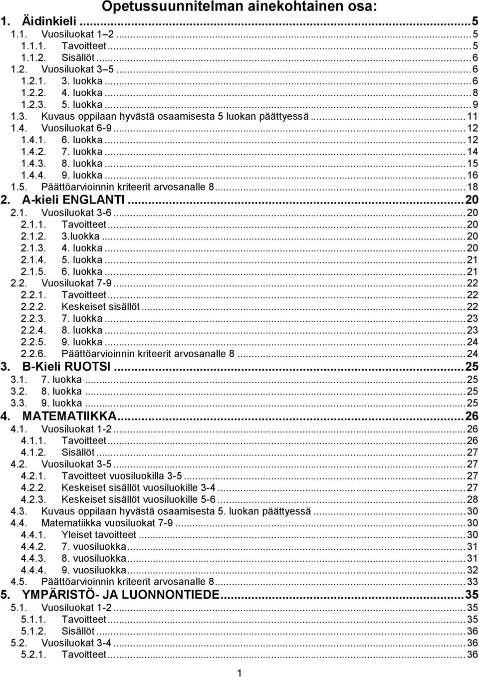 5. Päättöarvioinnin kriteerit arvosanalle 8... 18 2. A-kieli ENGLANTI... 20 2.1. Vuosiluokat 3-6... 20 2.1.1. Tavoitteet... 20 2.1.2. 3.luokka... 20 2.1.3. 4. luokka... 20 2.1.4. 5. luokka... 21 2.1.5. 6.