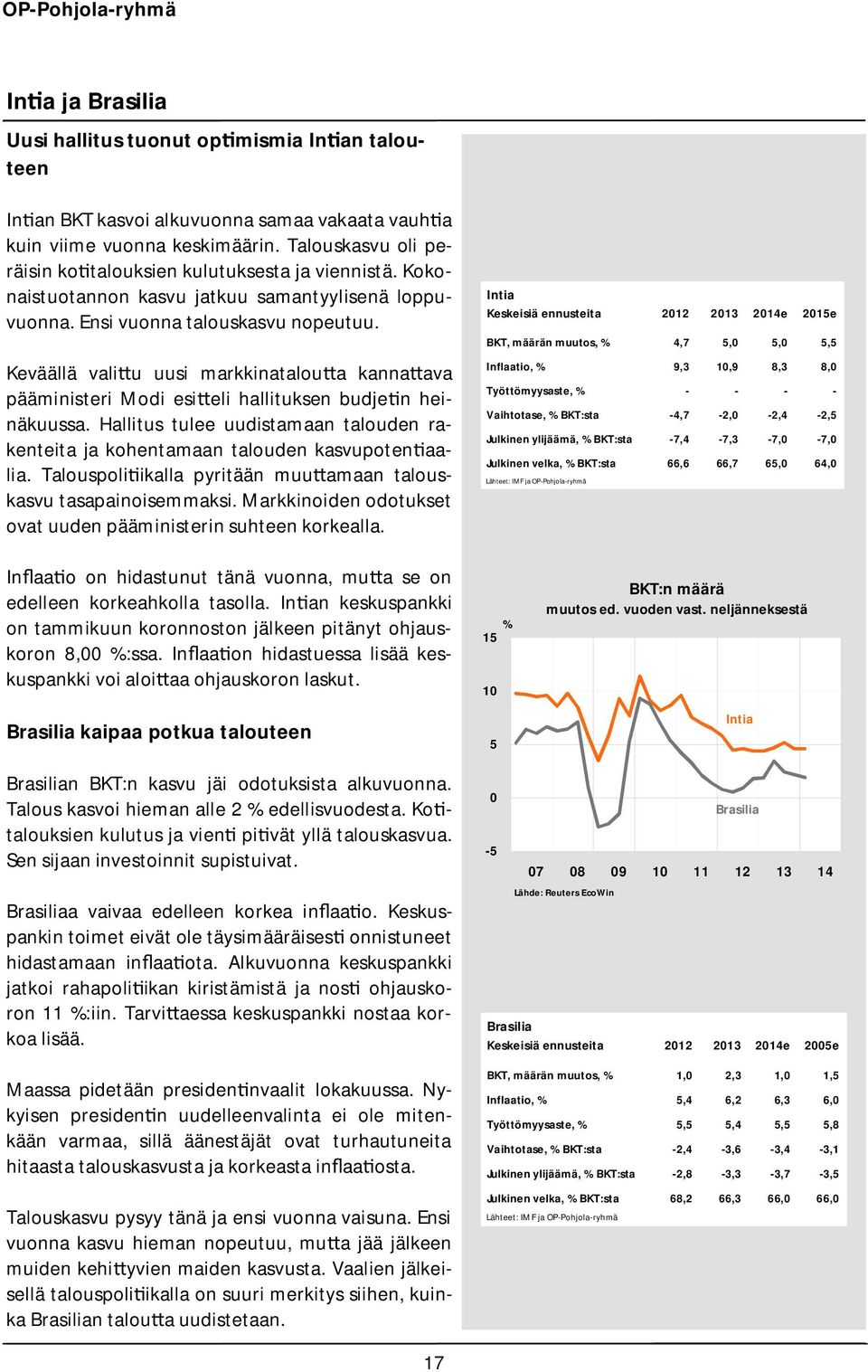 Keväällä vali u uusi markkinatalou a kanna ava pääministeri Modi esi eli hallituksen budje n heinäkuussa. Hallitus tulee uudistamaan talouden rakenteita ja kohentamaan talouden kasvupoten aalia.