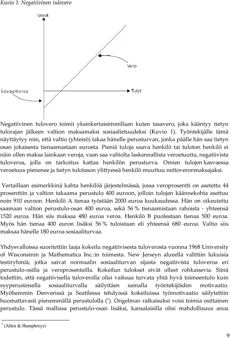 Pieniä tuloja saava henkilö tai tuloton henkilö ei näin ollen maksa lainkaan veroja, vaan saa valtiolta laskennallista veroetuutta, negatiivista tuloveroa, jolla on tarkoitus kattaa henkilön