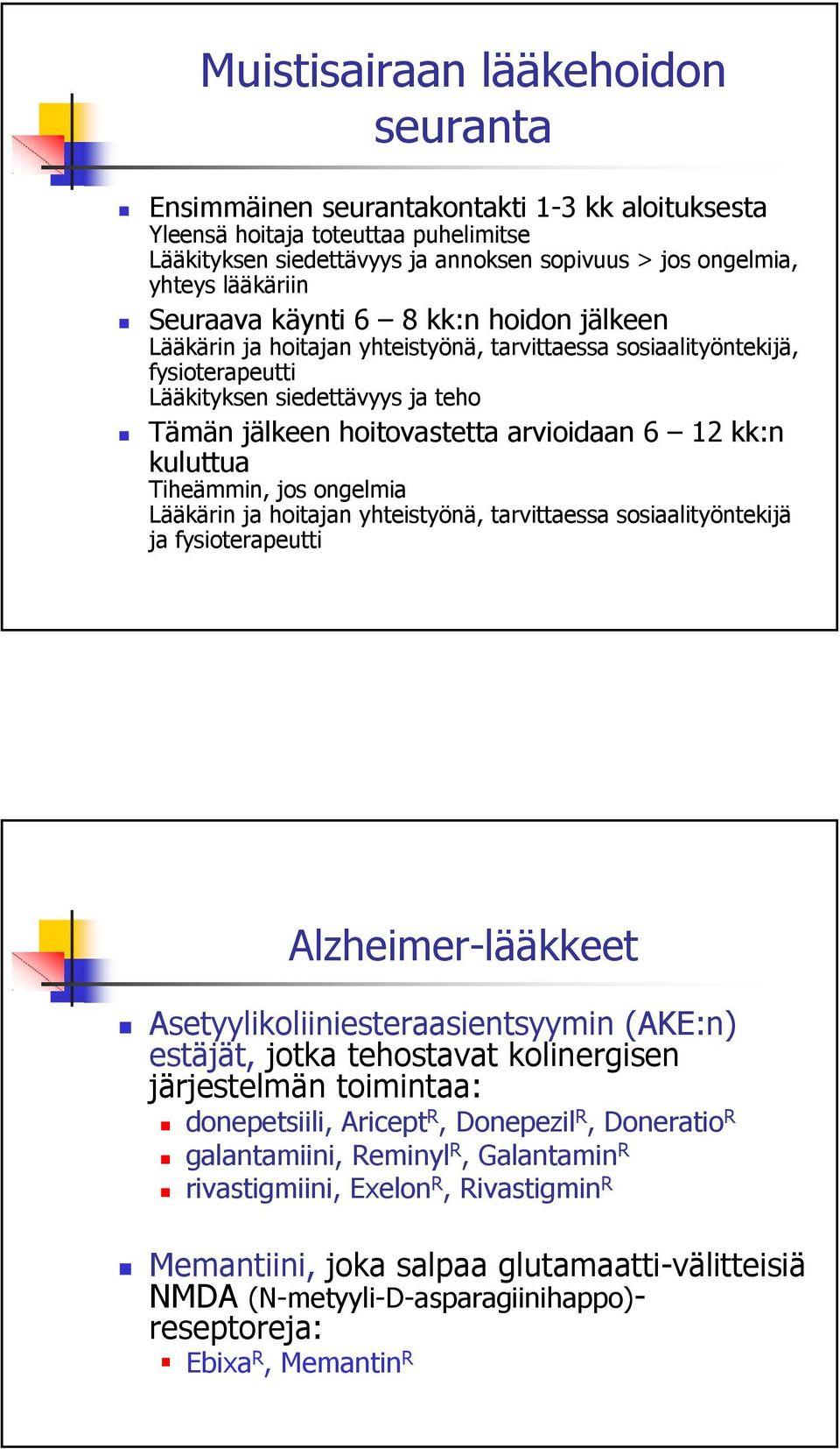 kk:n kuluttua Tiheämmin, jos ongelmia Lääkärin ja hoitajan yhteistyönä, tarvittaessa sosiaalityöntekijä ja fysioterapeutti lzheimer-lääkkeet setyylikoliiniesteraasientsyymin (KE:n) estäjät, jotka