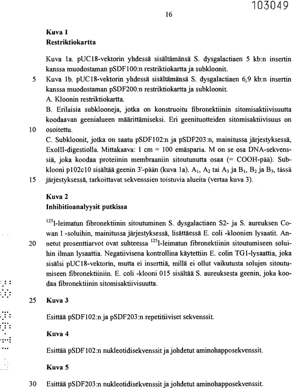 Erilaisia subklooneja, jotka on konstruoitu fibronektiinin sitomisaktiivisuutta koodaavan geenialueen määrittämiseksi. Eri geenituotteiden sitomisaktiivisuus on 10 osoitettu. C.