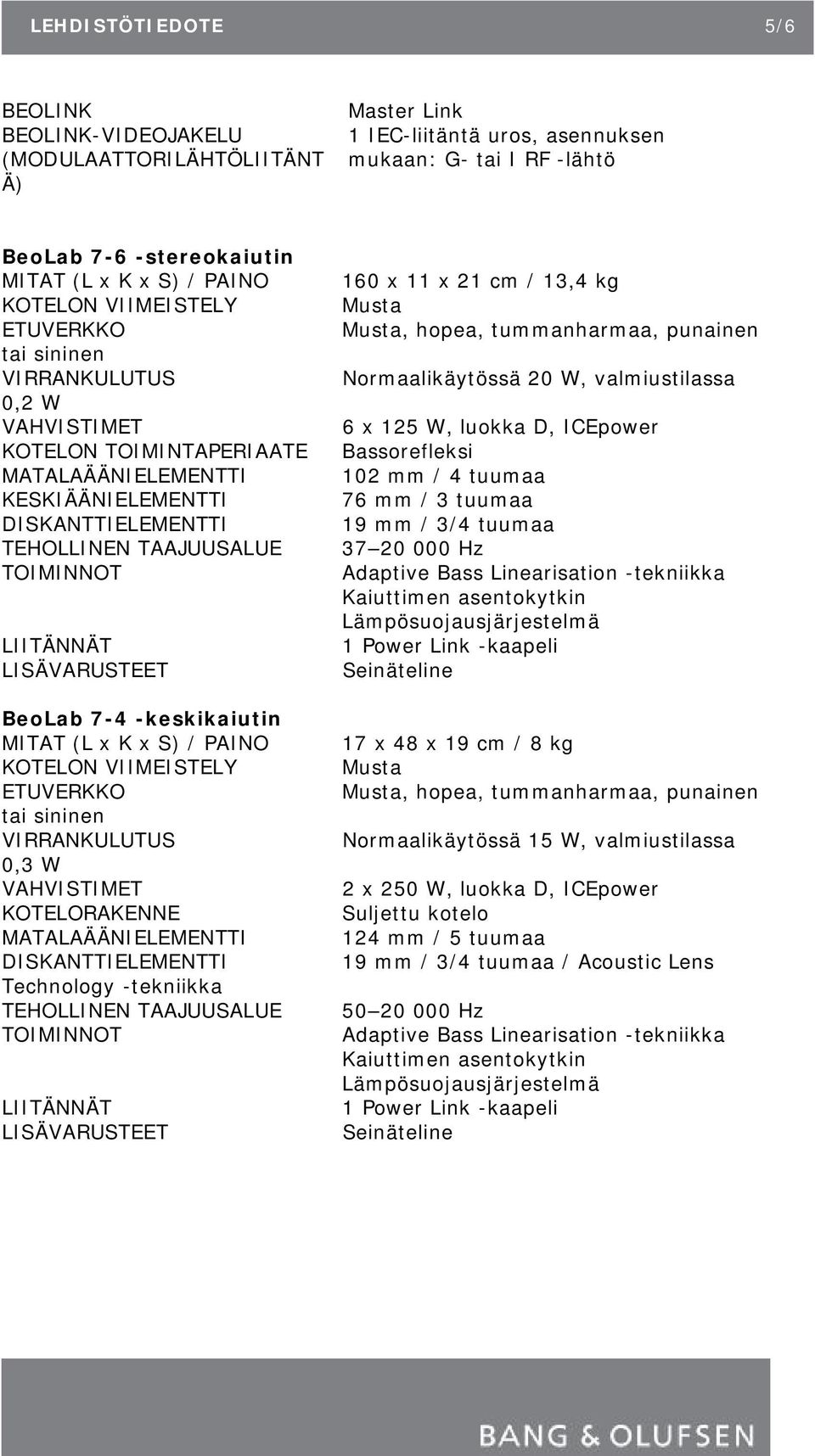 LISÄVARUSTEET BeoLab 7-4 -keskikaiutin MITAT (L x K x S) / PAINO KOTELON VIIMEISTELY ETUVERKKO tai sininen VIRRANKULUTUS 0,3 W VAHVISTIMET KOTELORAKENNE MATALAÄÄNIELEMENTTI DISKANTTIELEMENTTI