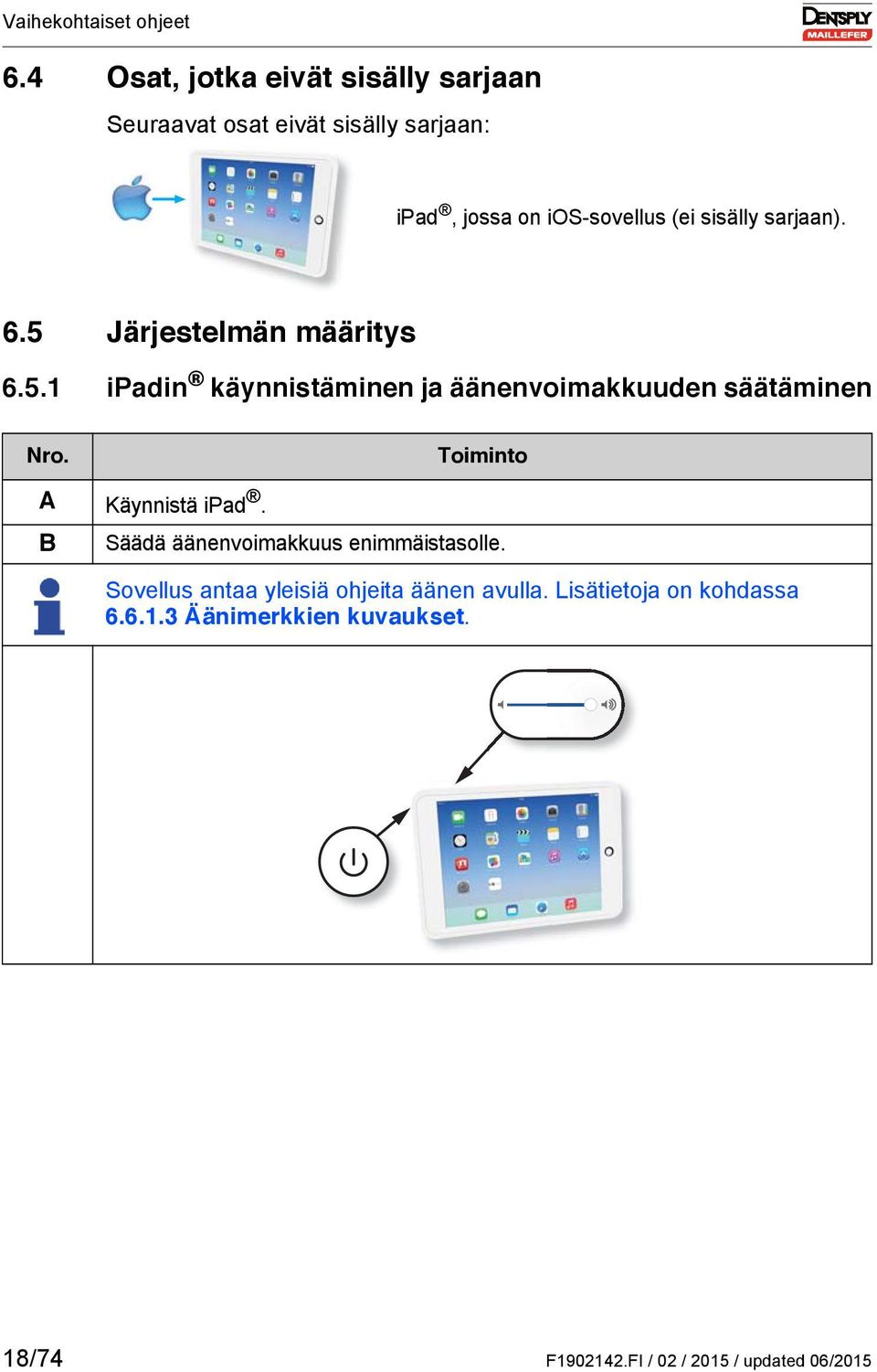 sarjaan). 6.5 Järjestelmän määritys 6.5.1 ipadin käynnistäminen ja äänenvoimakkuuden säätäminen Nro.