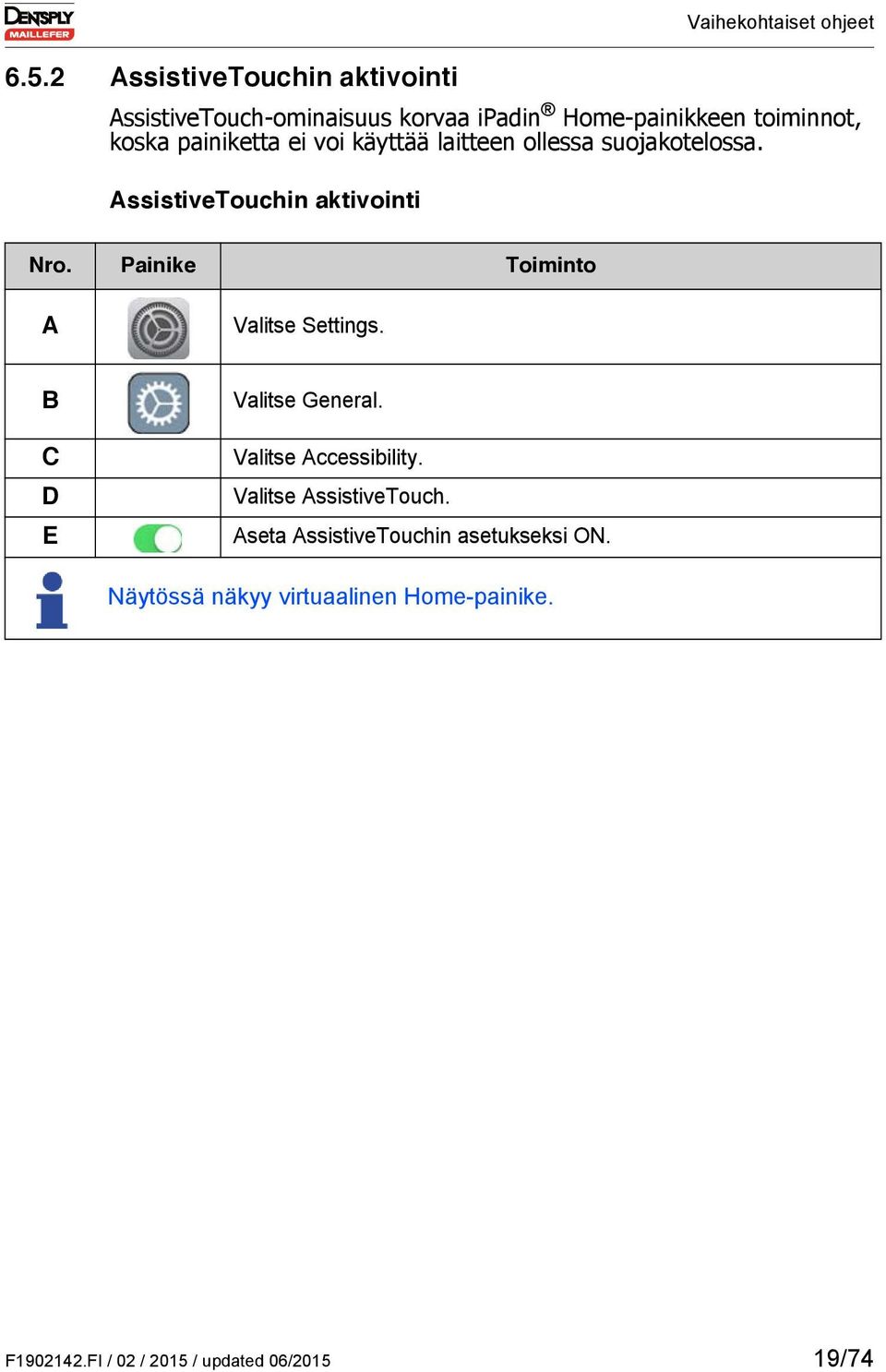 Painike Toiminto A Valitse Settings. B C D E Valitse General. Valitse Accessibility. Valitse AssistiveTouch.