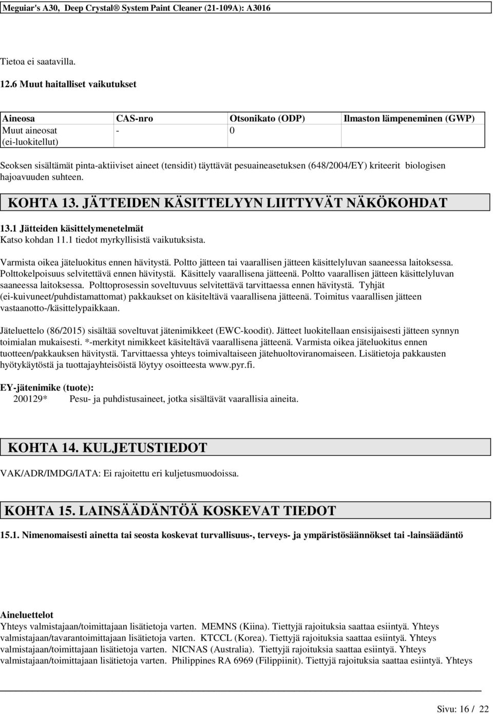 pesuaineasetuksen (648/2004/EY) kriteerit biologisen hajoavuuden suhteen. KOHTA 13. JÄTTEIDEN KÄSITTELYYN LIITTYVÄT NÄKÖKOHDAT 13.1 Jätteiden käsittelymenetelmät Katso kohdan 11.