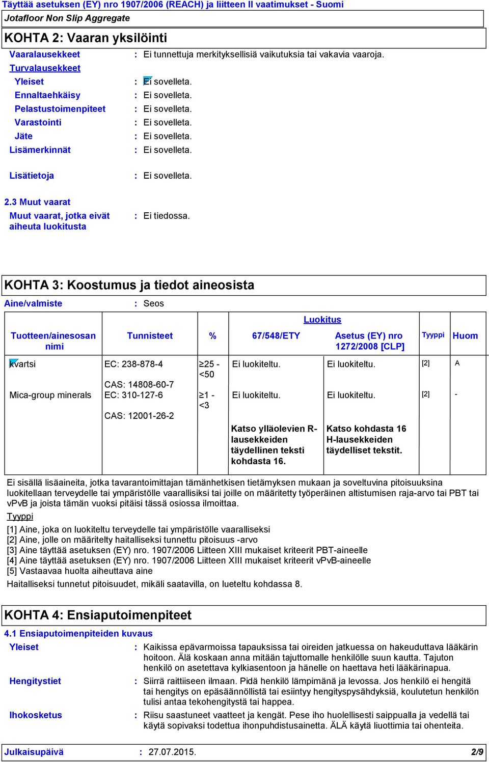 KOHTA 3 Koostumus ja tiedot aineosista Aine/valmiste Tuotteen/ainesosan nimi Seos Tunnisteet Luokitus % 67/548/ETY Asetus (EY) nro Tyyppi 1272/2008 [CLP] Huom kvartsi EC 238-878-4 25 - <50 CAS