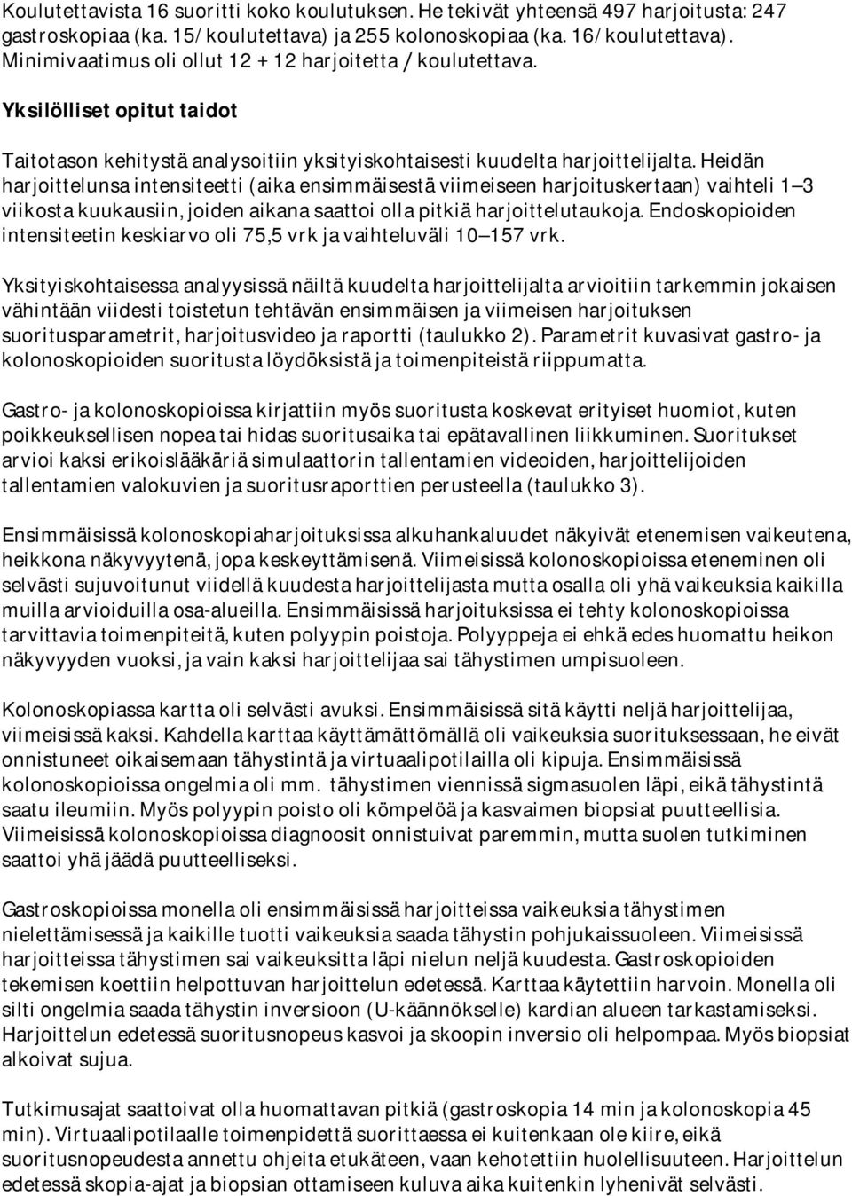 Heidän harjoittelunsa intensiteetti (aika ensimmäisestä viimeiseen harjoituskertaan) vaihteli 1 3 viikosta kuukausiin, joiden aikana saattoi olla pitkiä harjoittelutaukoja.